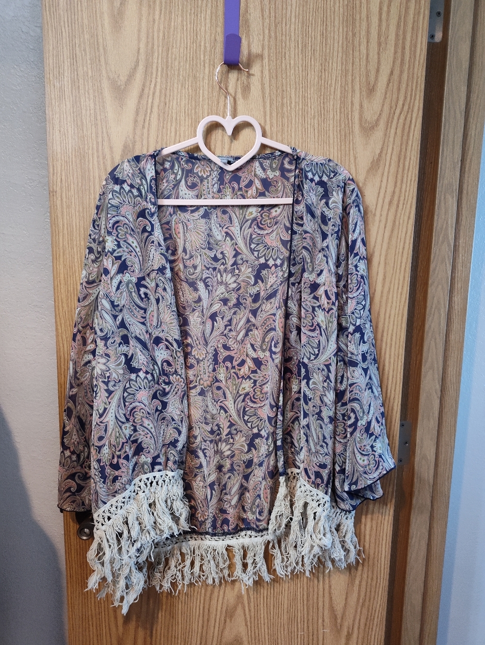 Paisley Fringe Kimono Cardigan in Navy & Cream